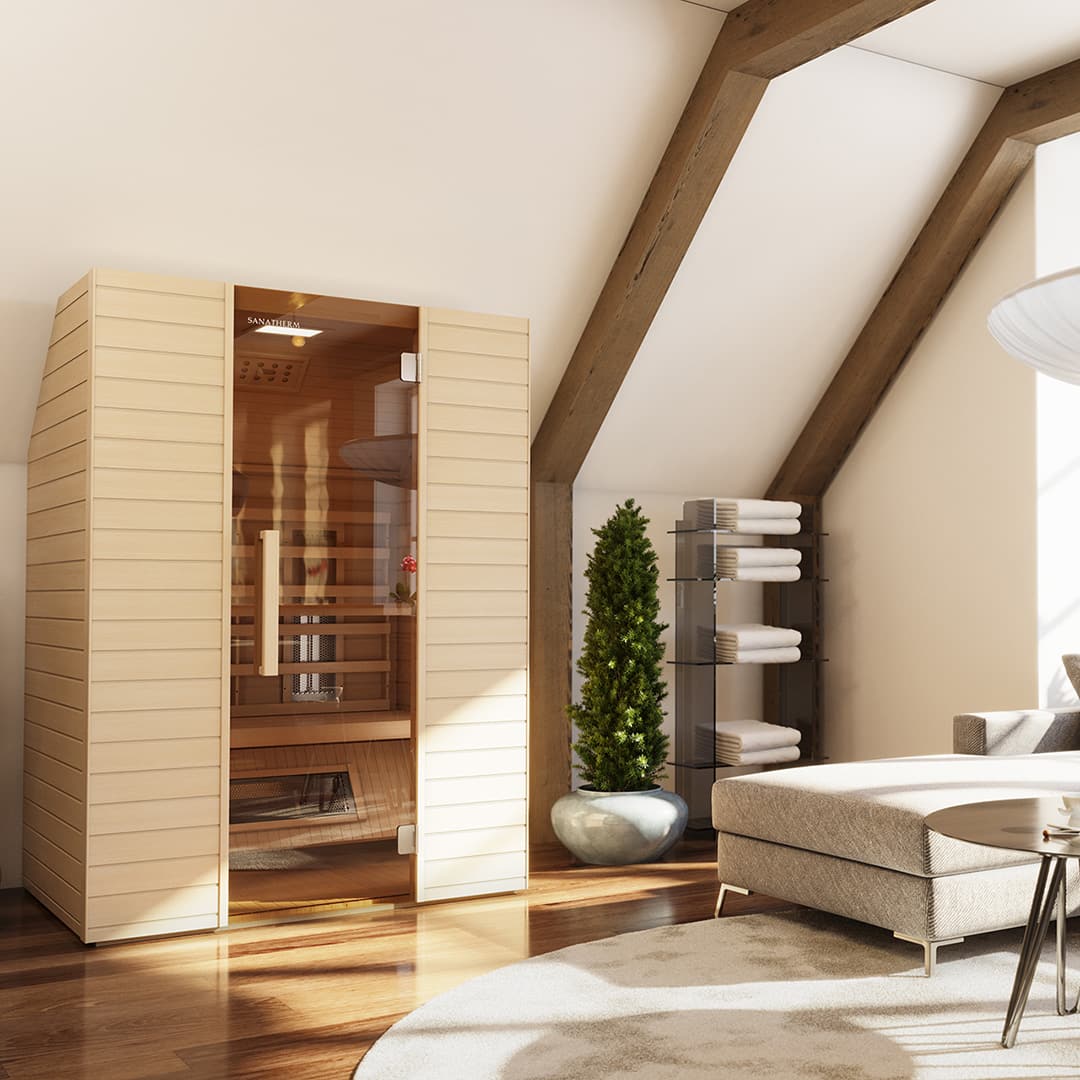 Edles Wohnzimmer mit moderner Infrarotkabine 2 Personen aus Holz