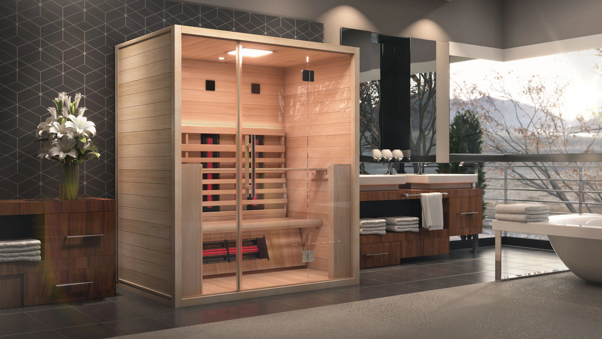 Infrarotkabine 3 Personen Holz Glasfront luxuriöses Badezimmer