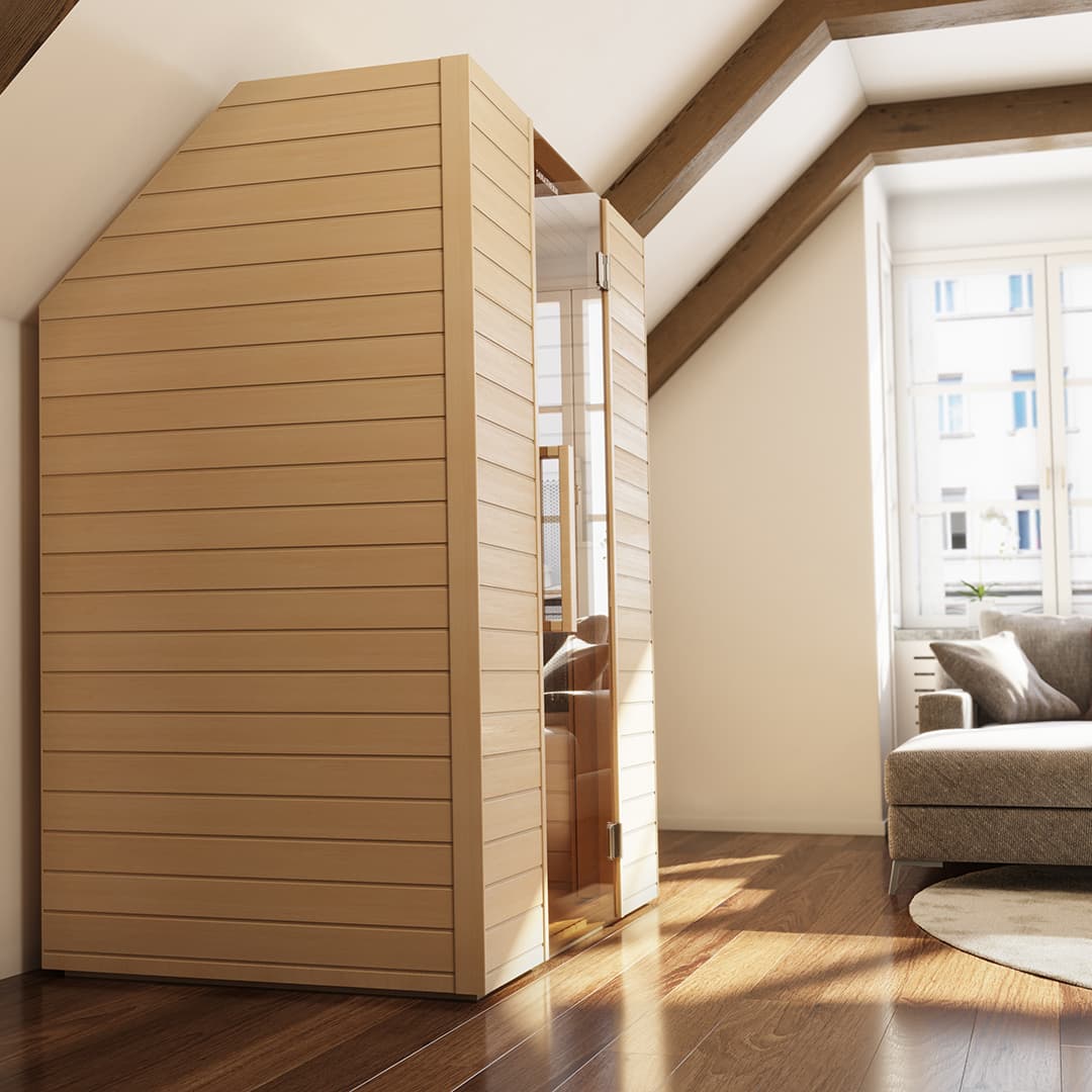 Infrarotkabine unter Dachschräge im Wohnzimmer