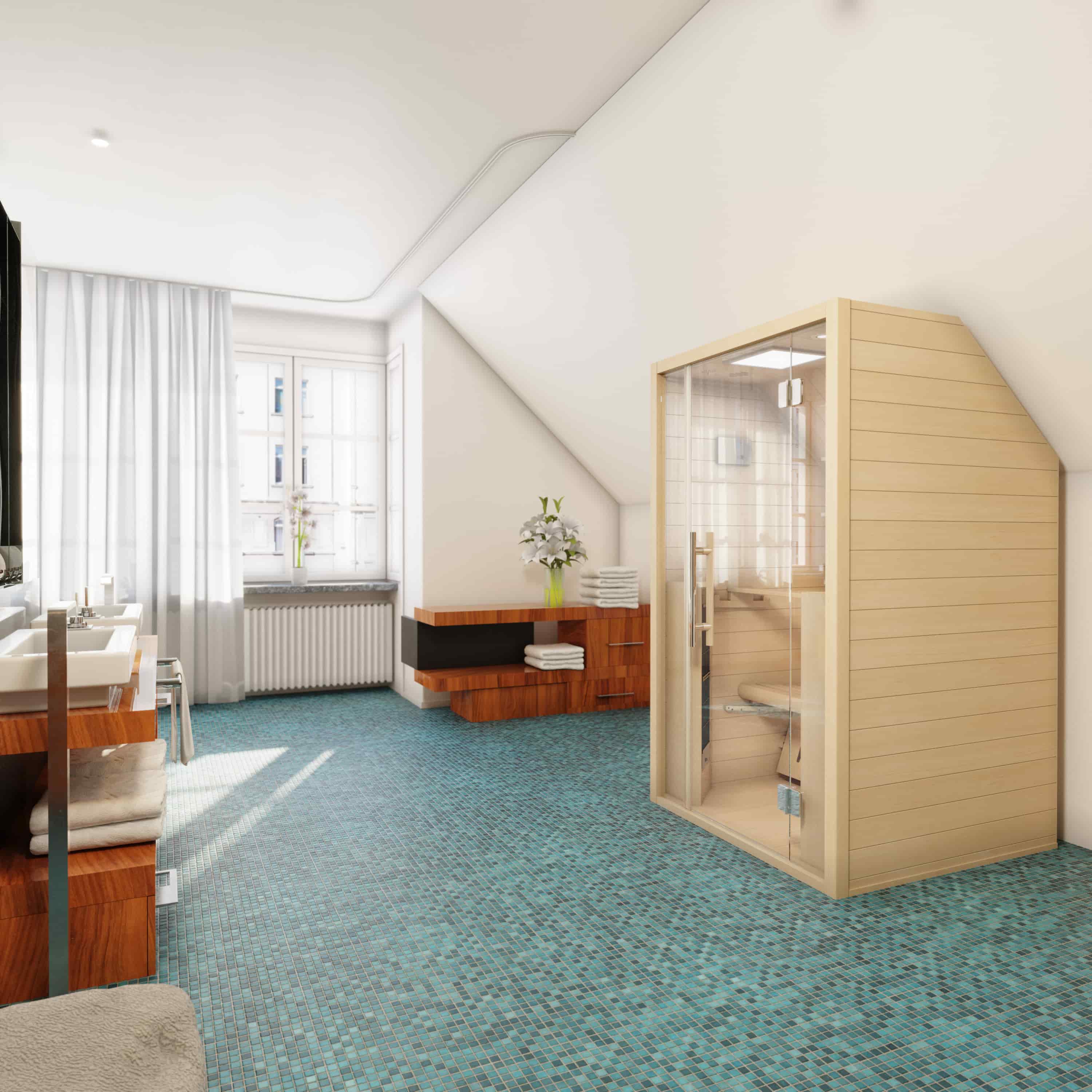 Große, edle Infrarotkabine in luxuriösem Badezimmer