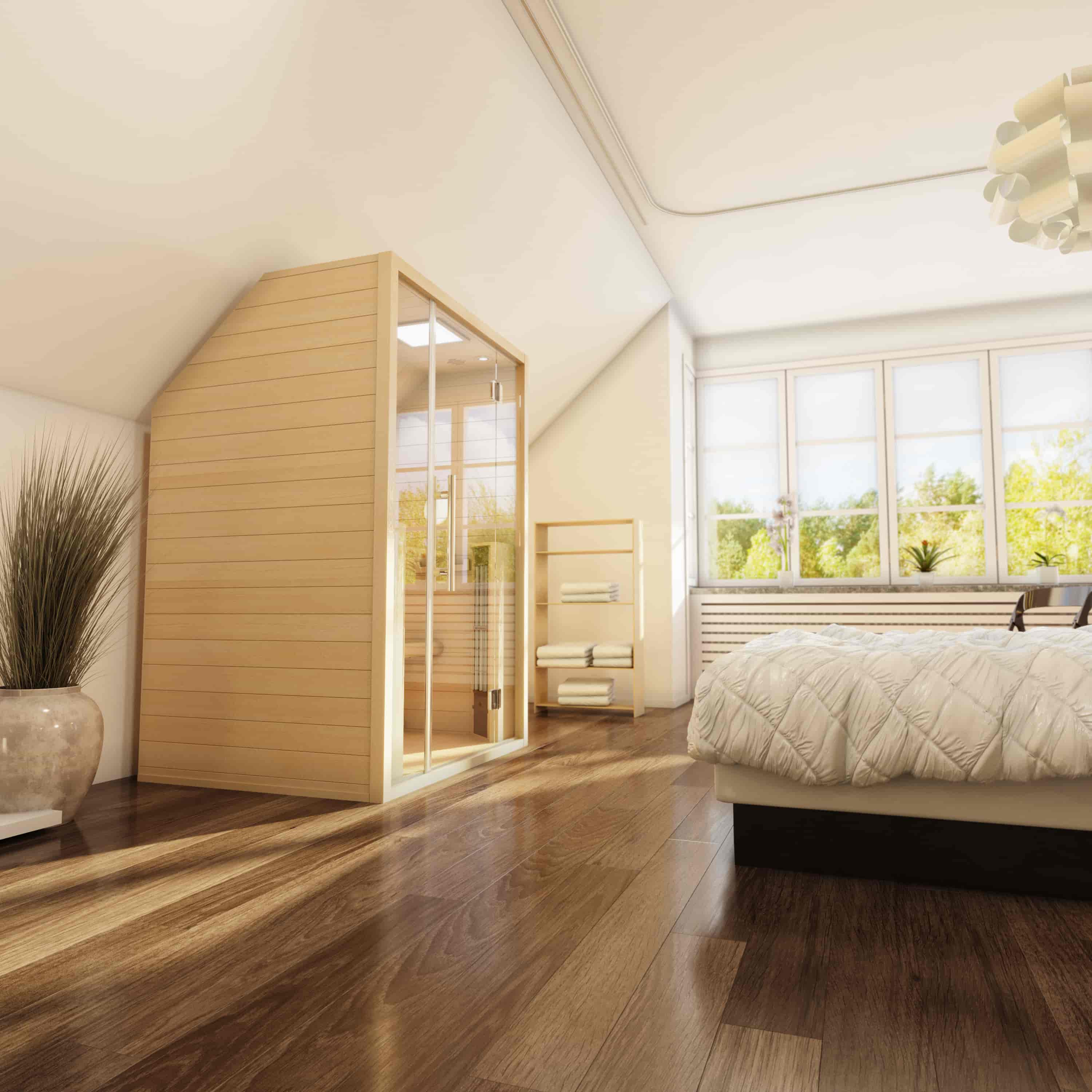 Helle Infrarotsauna im modernen Schlafzimmer