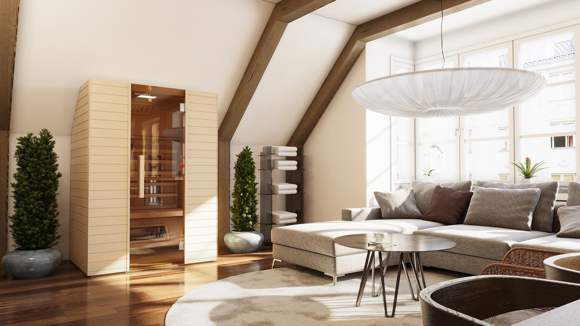 Moderne Wärmekabine im hellen Wohnzimmer