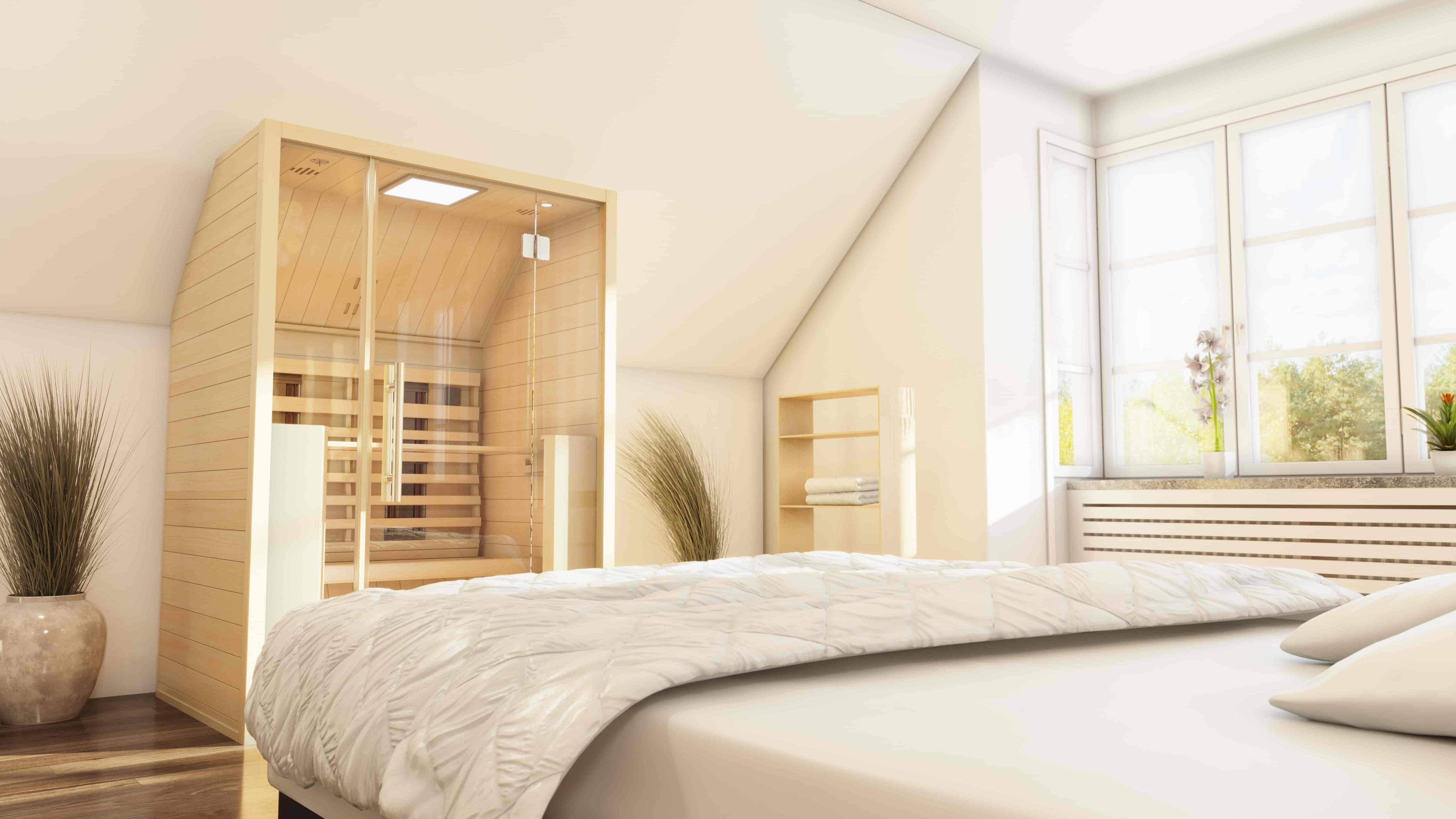 Infrarotkabine 2 Personen aus Holz in modernem Schlafzimmer