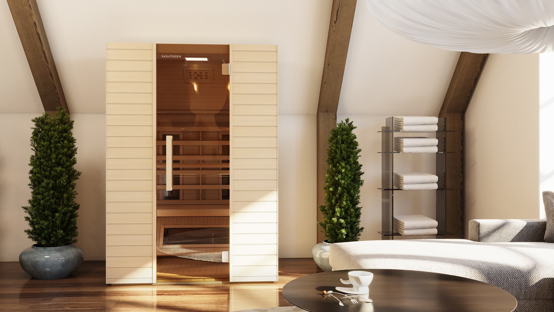 Moderne Infrarotsauna im hellen Dachstudio